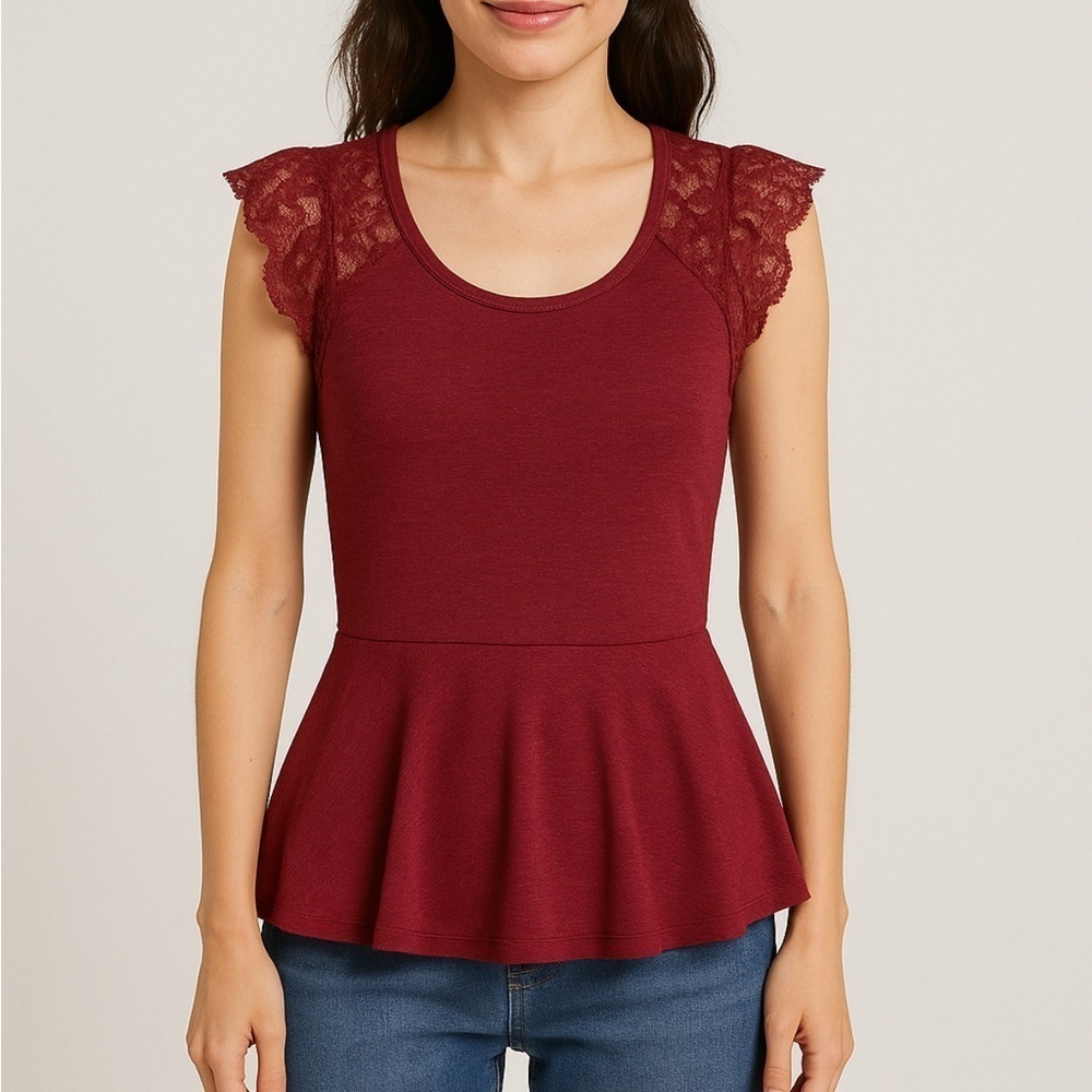 Burgundy Lace Sleeve Peplum Top,‎ Small